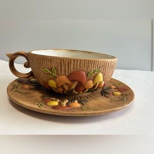 Vintage Arnels Soup Bowl 6” With Plate 9”Mushrooms Brown Red Yellow